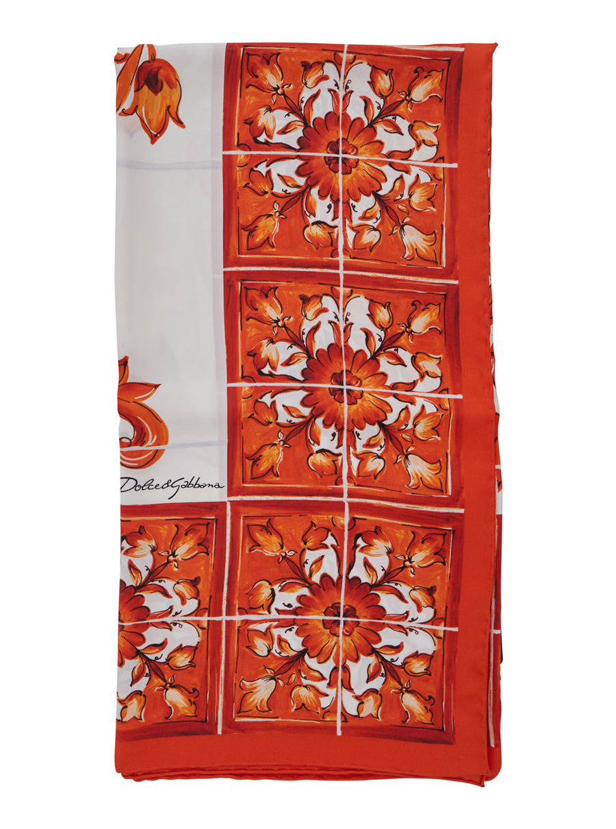 Silk Square Scarf Orange Majolica Print