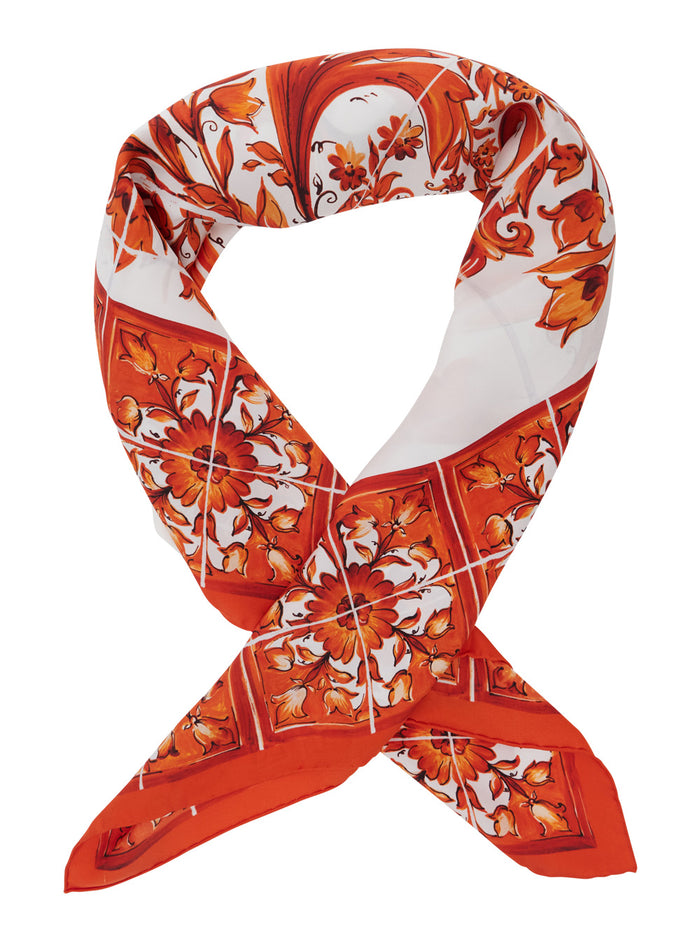 Maiolica Print Silk Foulard 90x90 Orange Scarfs And Foulards