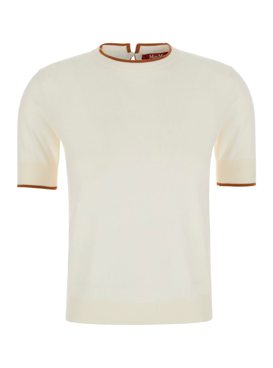 Top Round-Neck Long-Sleeve White Silk Wool Tops
