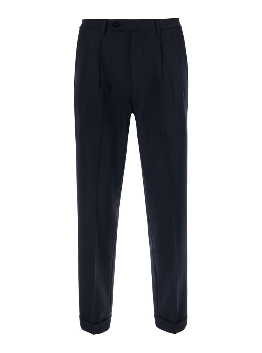 Double Pleated Trousers Blue Tech Fabric Wool