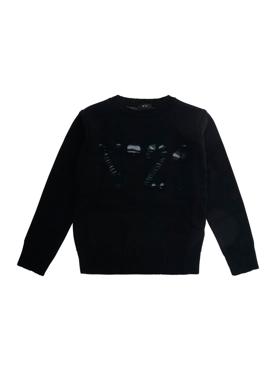 Crewneck Sweater Black Wool Tops