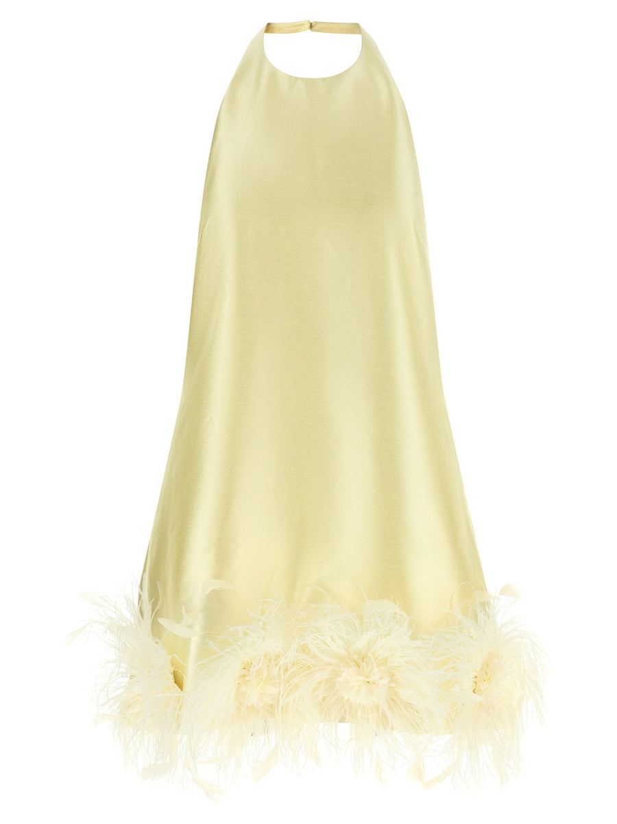 Self-Portrait Feather-Trimmed Dress — Butter yellow