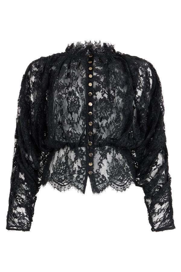 Lace Long-Sleeve Blouse Black Polyamide Shirt