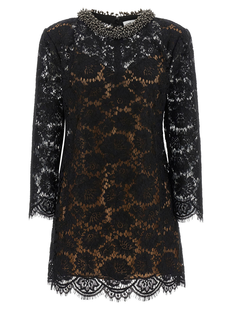 Self-Portrait Lace with Jewel Collar Dress — Black