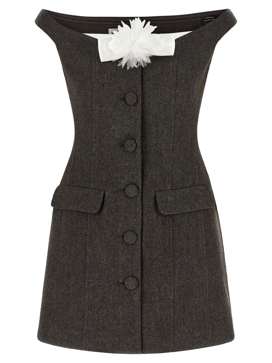 Self-Portrait Bardot Neckline with Floral Appliqué Dress — Charcoal