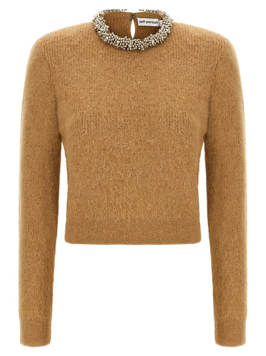 Self-Portrait Jewel-Embroidered Crew Neck Sweater — Camel