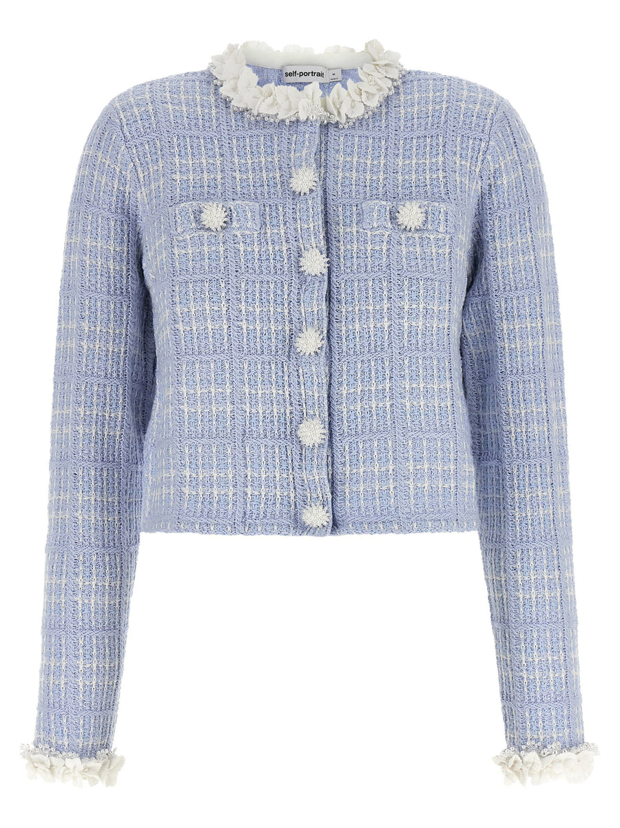 Self-Portrait Check Knit with 3D Floral Trim Jacket — lavender