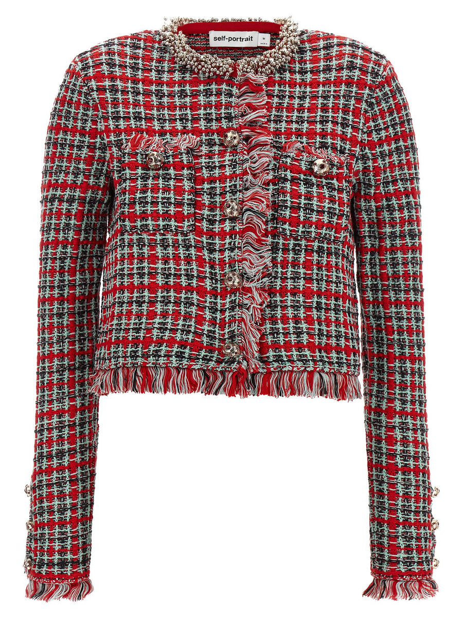 Self-Portrait Fringed Check Tweed Jacket — Red