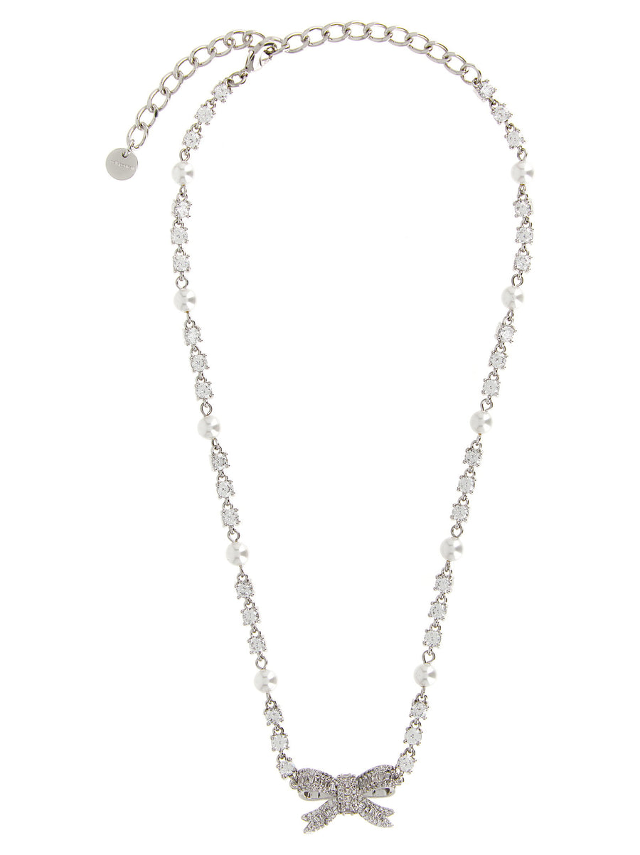 Self-Portrait Crystal Bow Pearl Necklace — silver