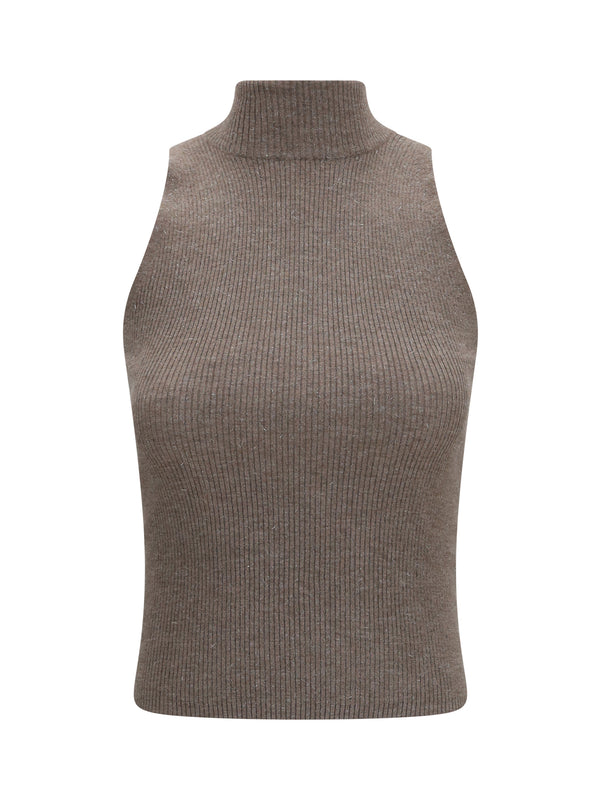 Sleeveless Turtleneck With Luminous Details Brown Top