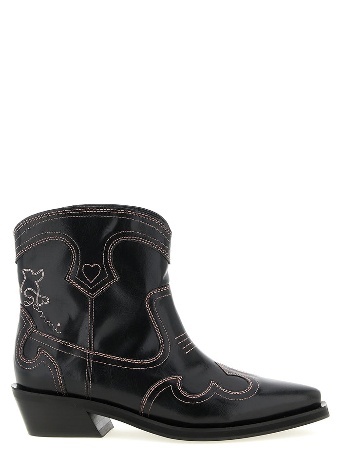 Low Shaft Embroidered Western ankle boots Black Polyurethane Polyester Cotton Boots