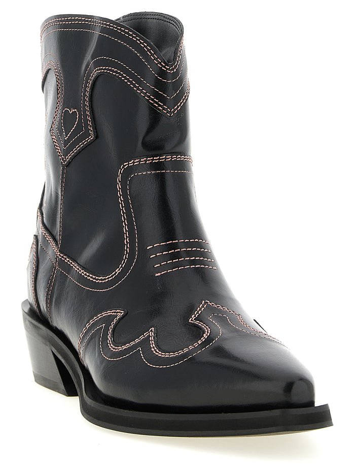 Low Shaft Embroidered Western ankle boots Black Polyurethane Polyester Cotton Boots