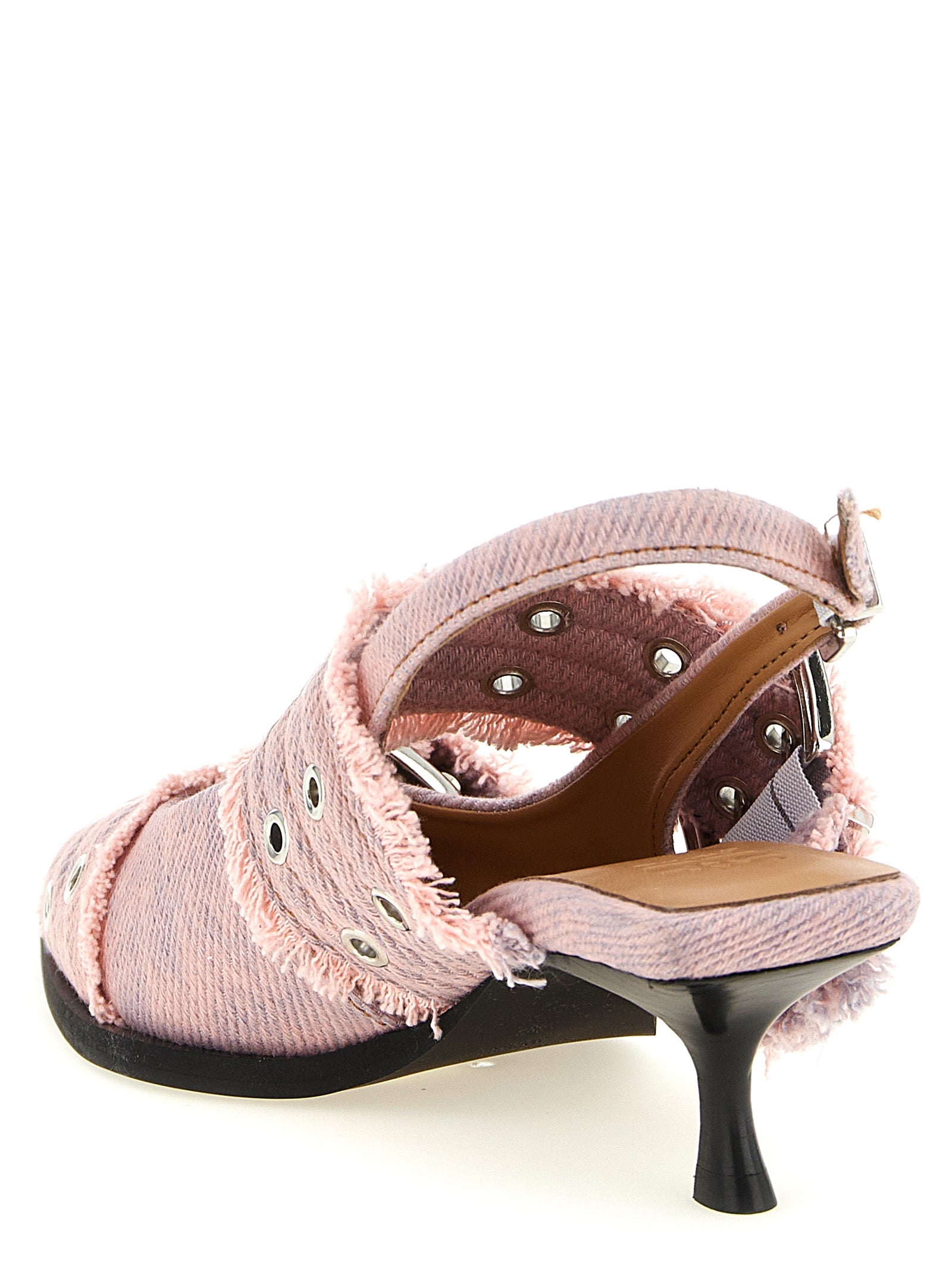 Feminine Buckle Fringed Denim slingback Pink Organic Cotton Pumps