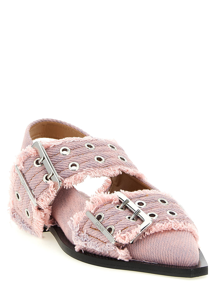 Feminine Buckle Fringed Denim slingback Pink Organic Cotton Flat Shoes