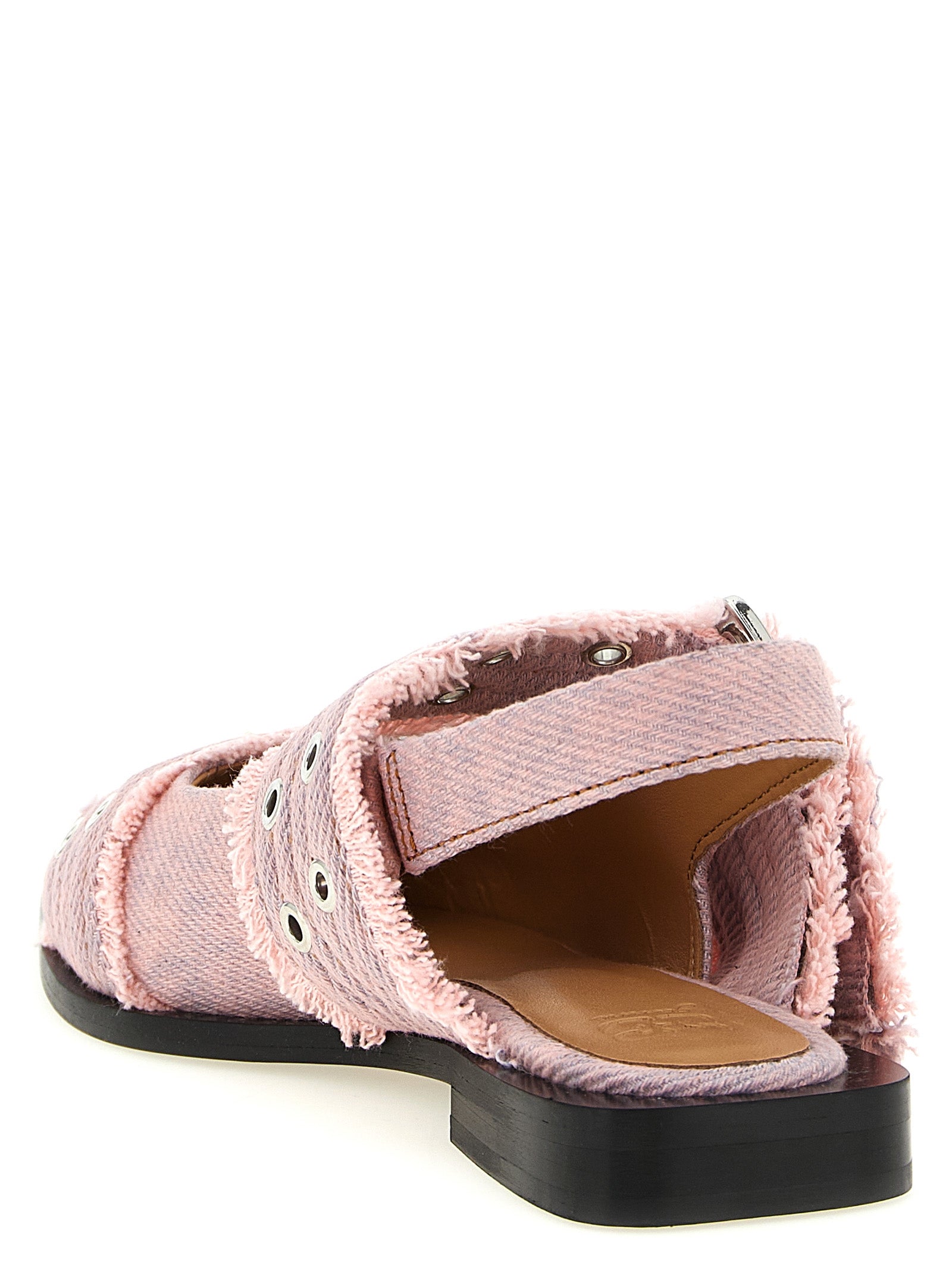 Feminine Buckle Fringed Denim slingback Pink Organic Cotton Flat Shoes