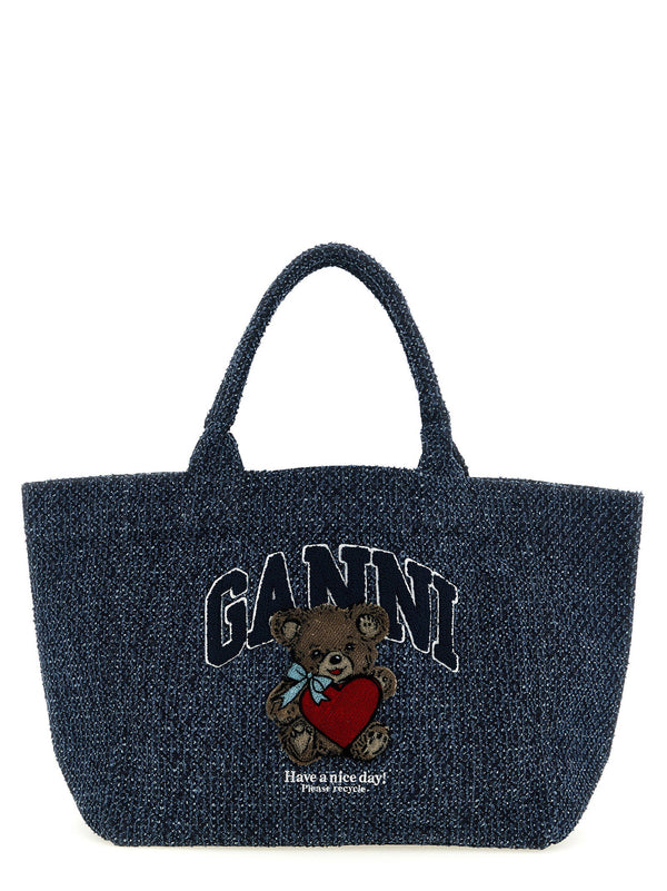Ganni Embroidered Tweed Denim Tote Bag — Navy
