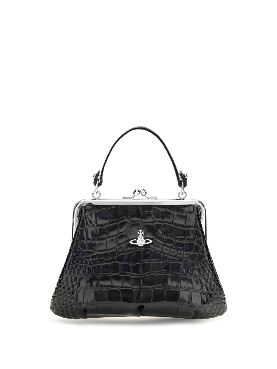Granny Frame Crocodile Effect Handbag Black Calf Leather Bos Taurus Shoulder Bags
