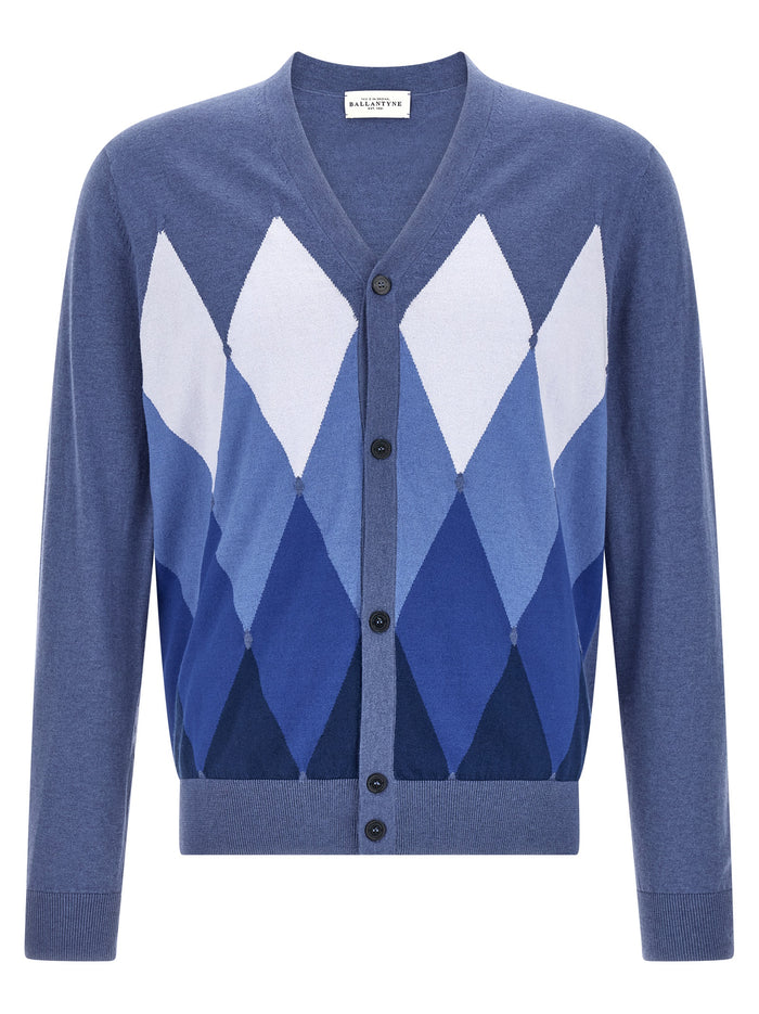 Cardigan Argyle Blue Cotton Cashmere Sweater, Cardigans