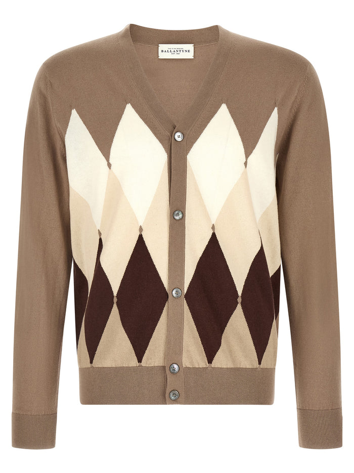 Cardigan Argyle Brown Cotton Cashmere Sweater, Cardigans