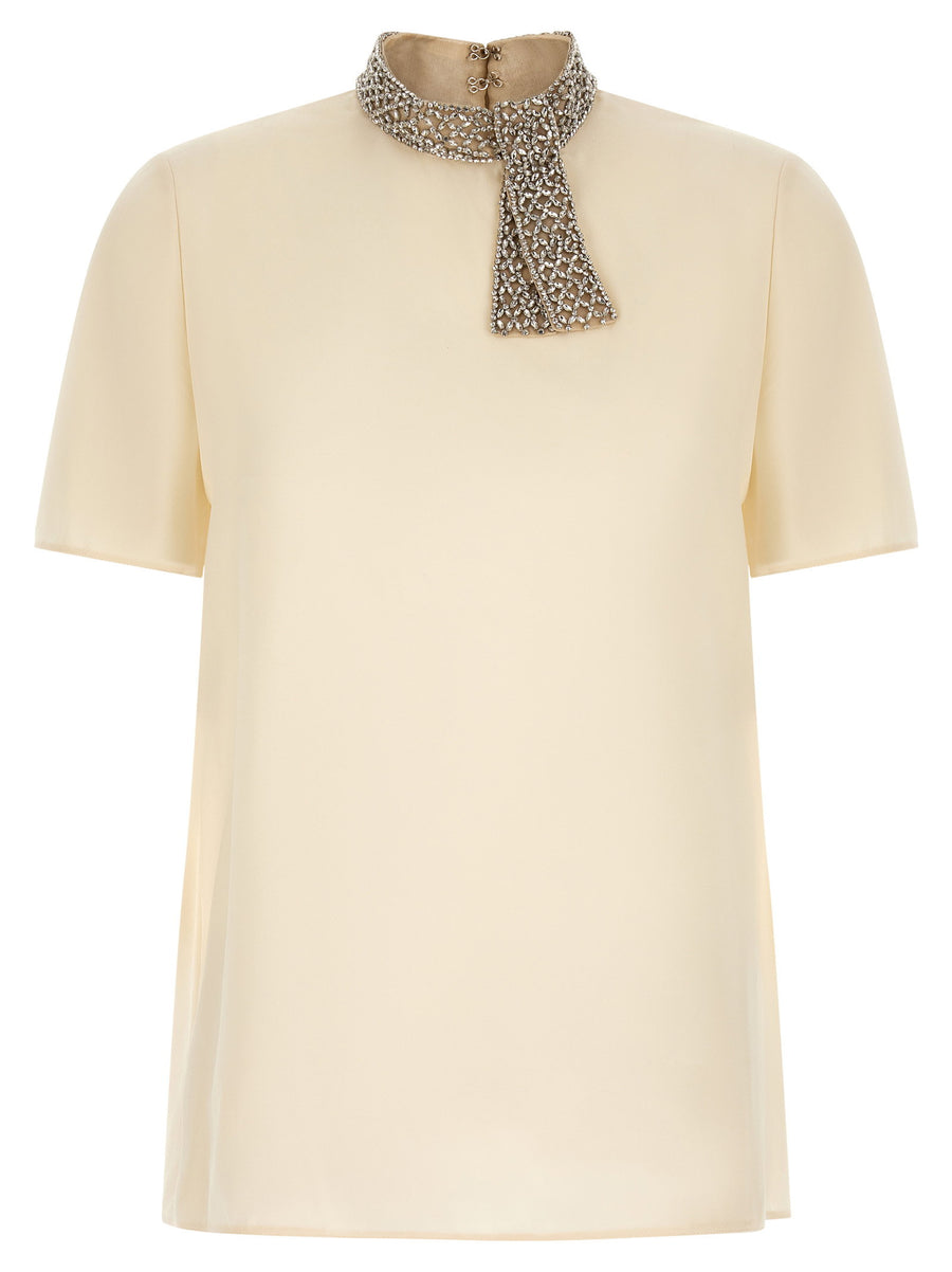 Valentino Garavani Crystal-Embellished Collar Blouse — Cream