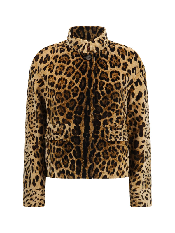 Printed Smooth Velvet Boxy Jacket Leopardo Cotton