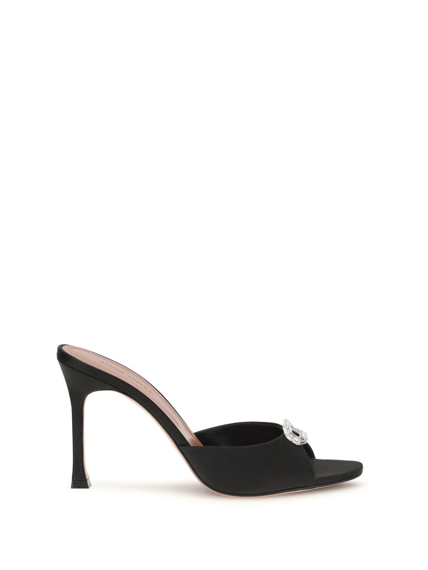 Camelia Mule Sandals Black Satin+white Crystal Buckle Silk Pumps