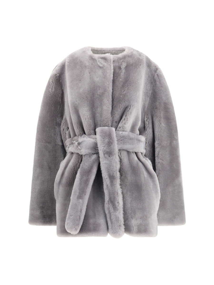 Shearling Belted Coat Grey Fur Jacket