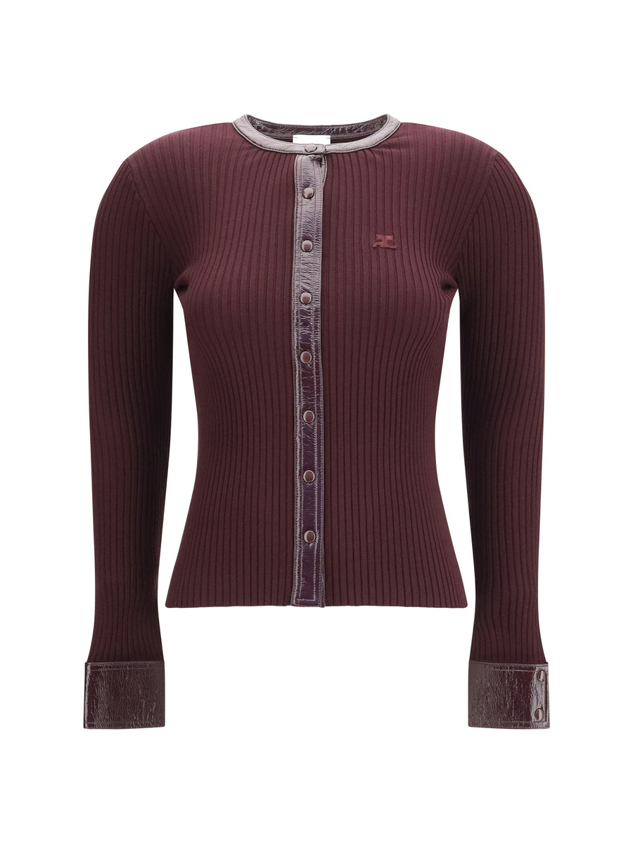 Vinyl And Knit Cardigan Burgundy Viscose; Polyester