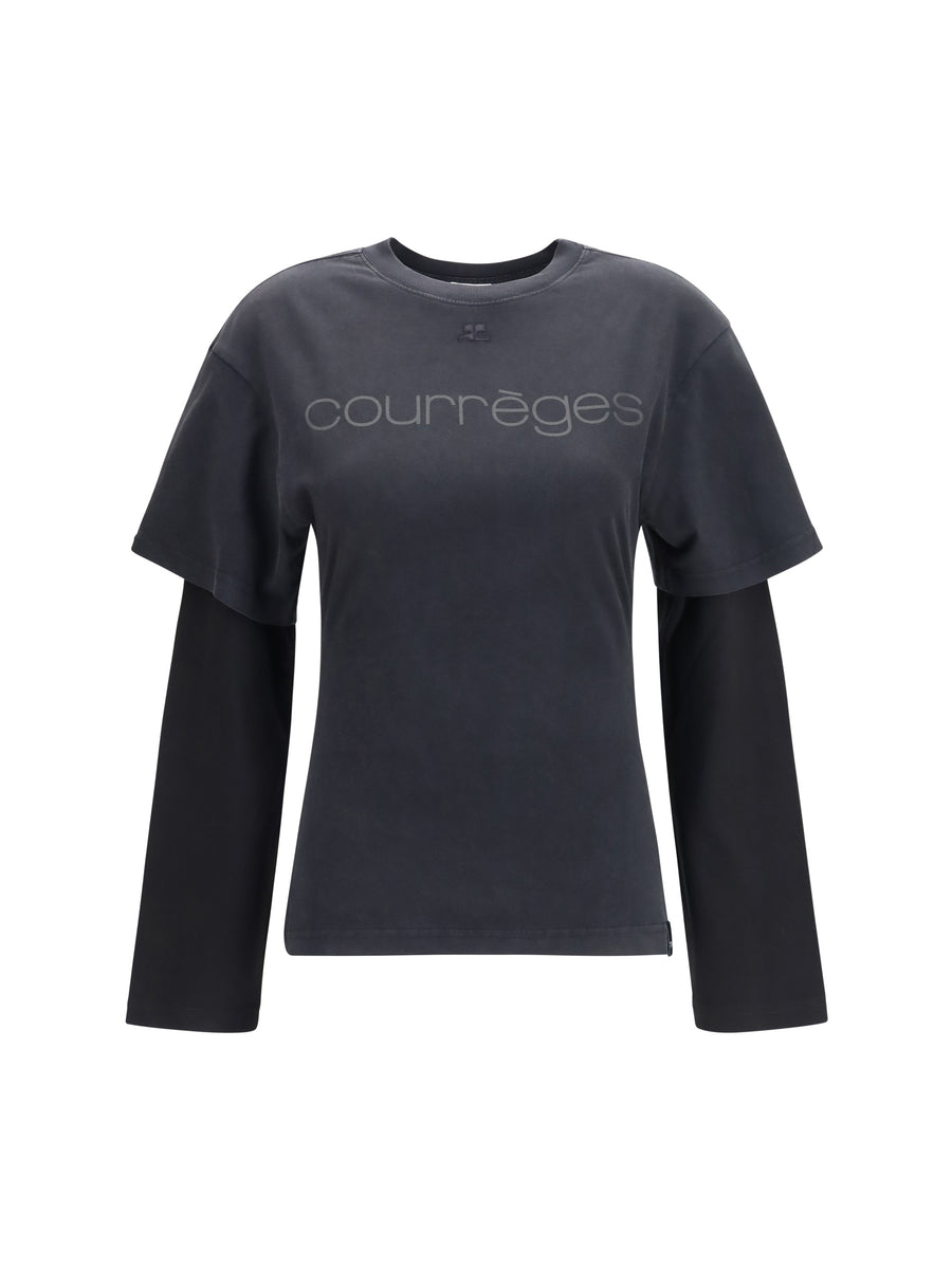 Logo Print Double Sleeves T-Shirt Stonewashed Grey/black Cotton T-shirts