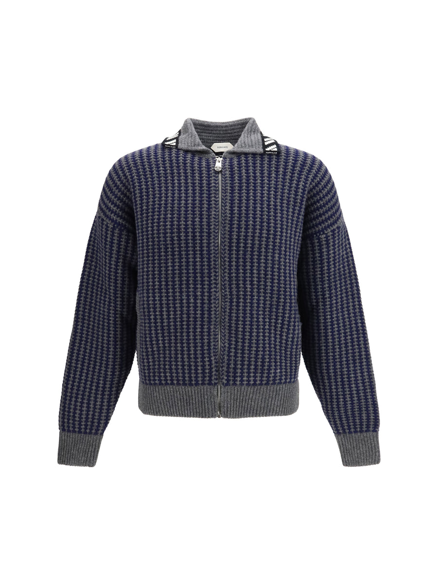 Intarsia Wool Knit Zip Cardigan Grey Melange Navy Blue Merino Ovis Aries