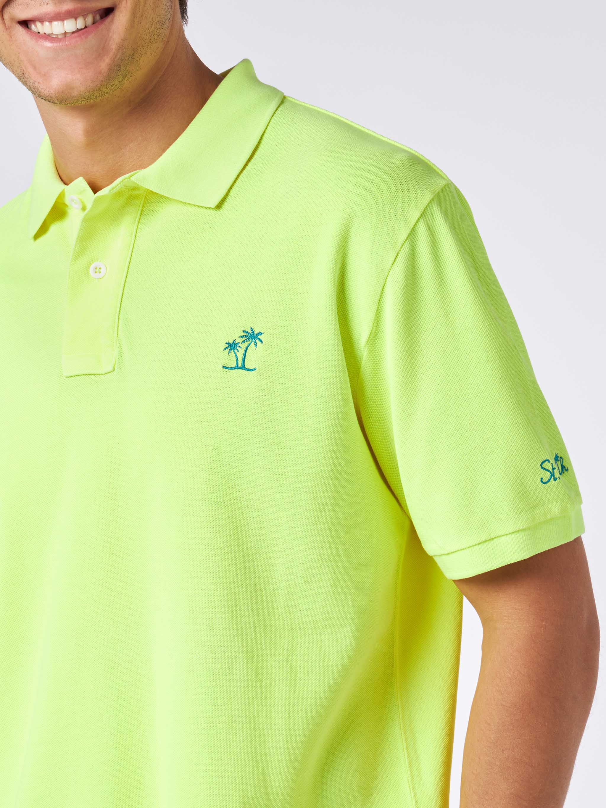 Man Fluo Yellow Piquet Polo With St. Barth Logo And Vintage Effect Shirt