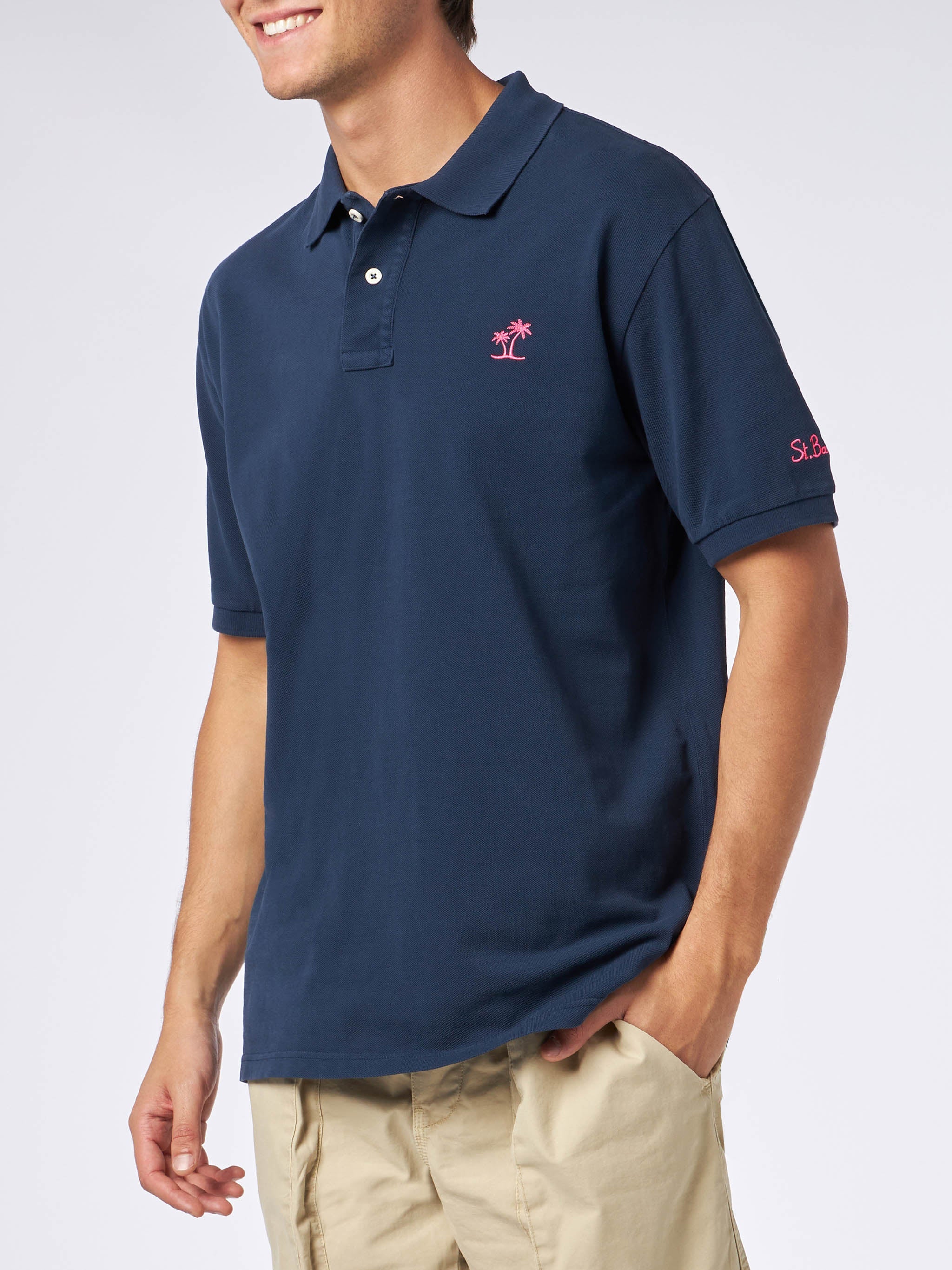 Man Blue Piquet Polo With St. Barth Logo And Vintage Effect Shirt