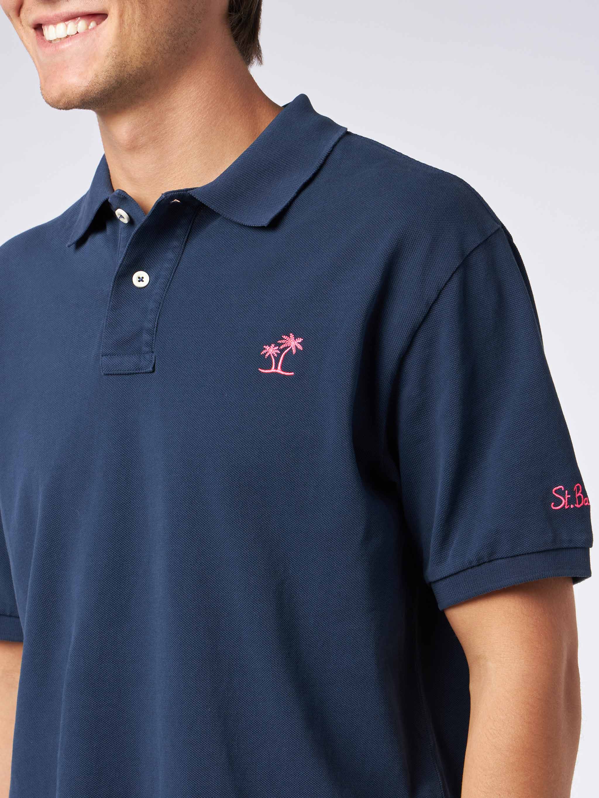 Man Blue Piquet Polo With St. Barth Logo And Vintage Effect Shirt