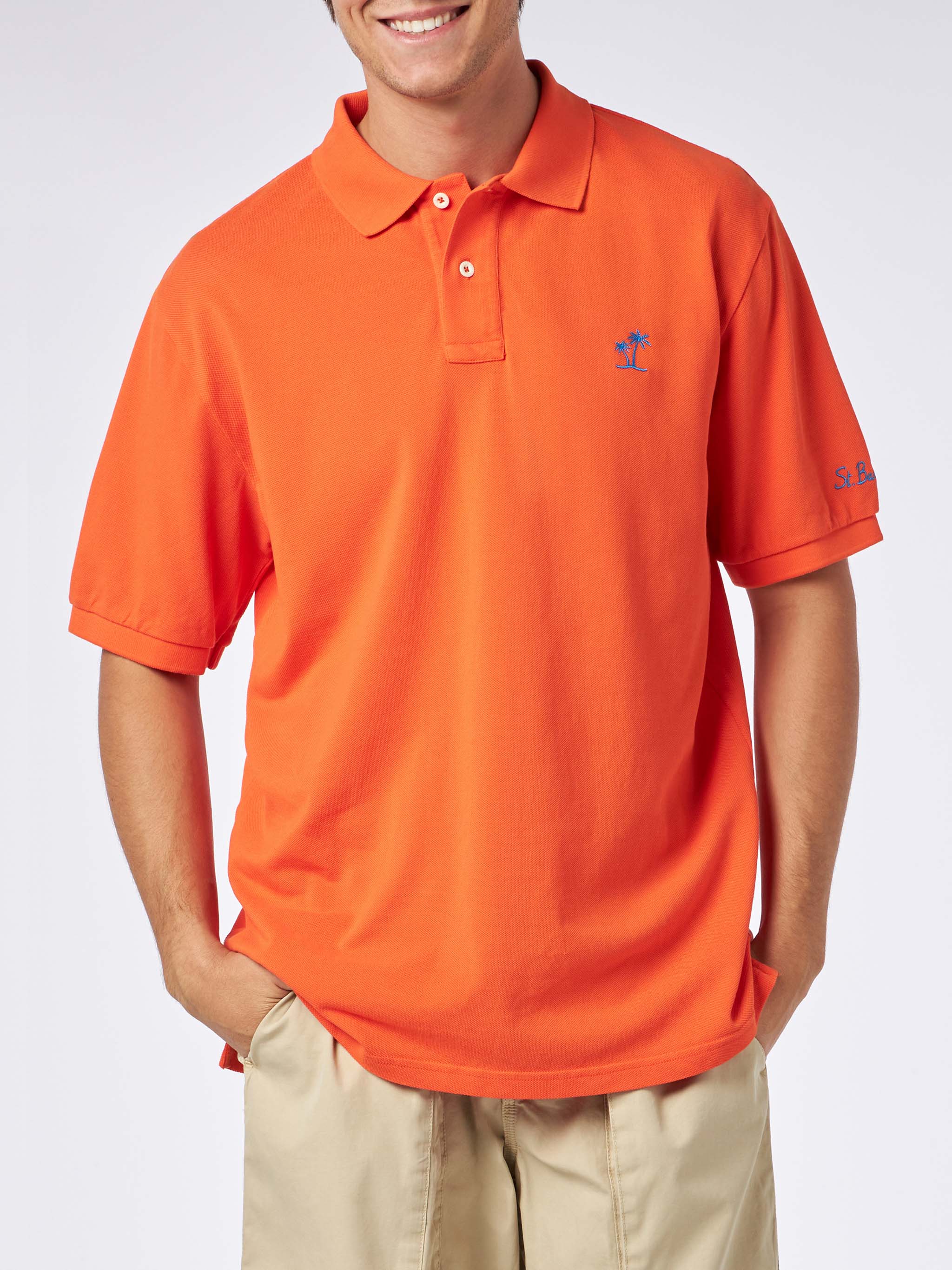 Man Orange Piquet Polo With St. Barth Logo And Vintage Effect Shirt