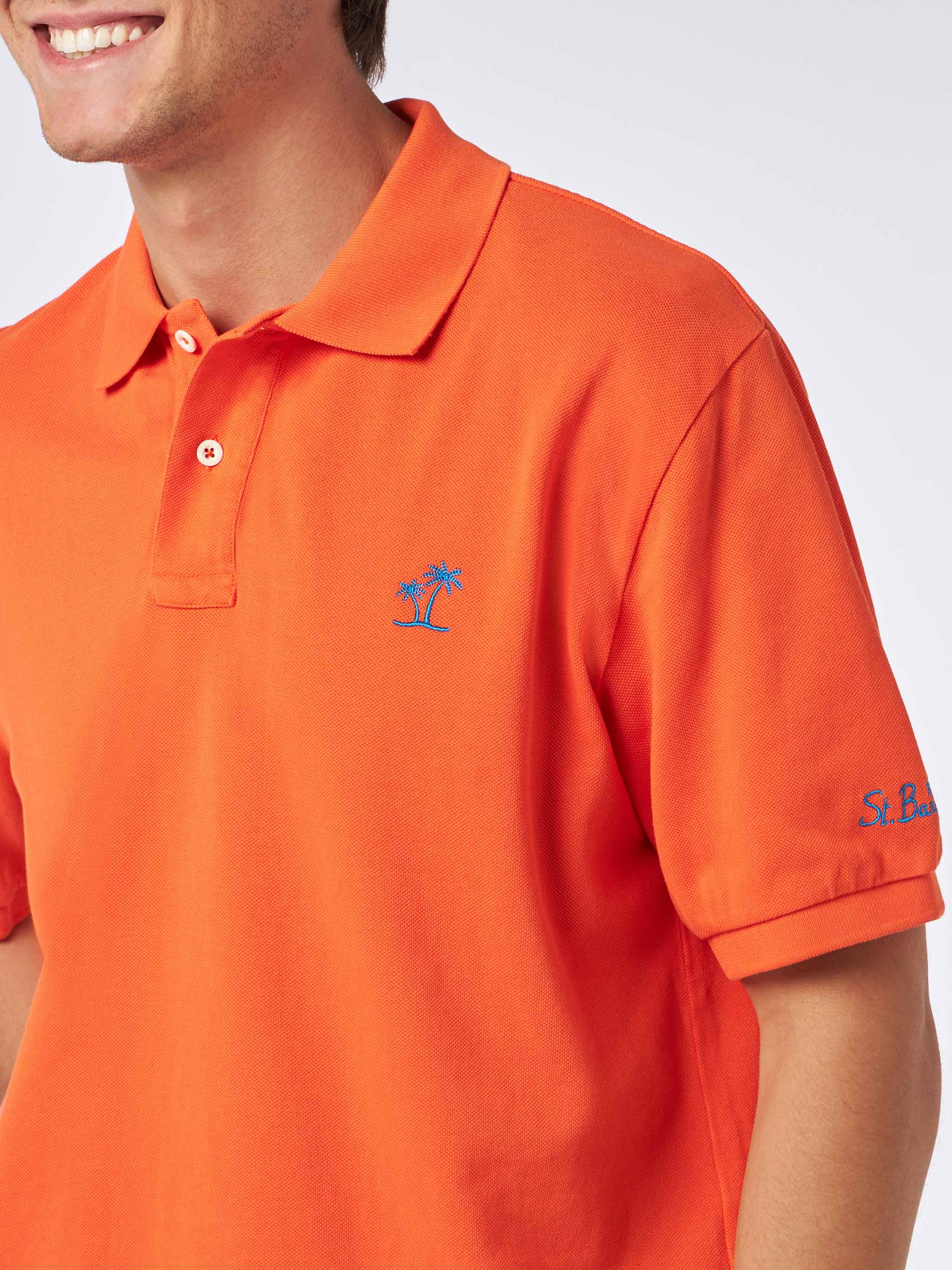 Man Orange Piquet Polo With St. Barth Logo And Vintage Effect Shirt