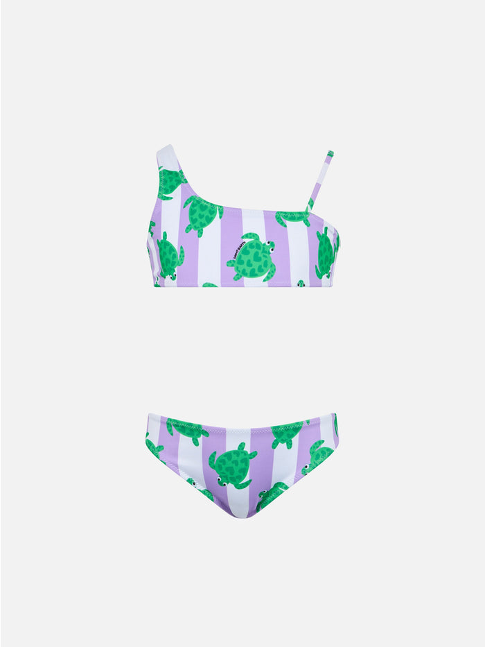 Girl One Shoulder Bikini Vivy With Turtle Print Lilac