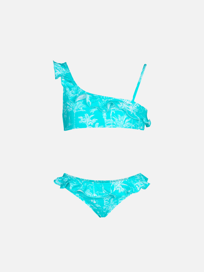Girl One Shoulder Toile De Jouy Ruffled Bikini Green