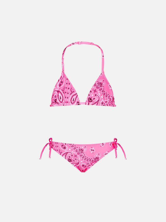 Girl Triangle Bikini With Fluo Pink Bandanna Print __single__
