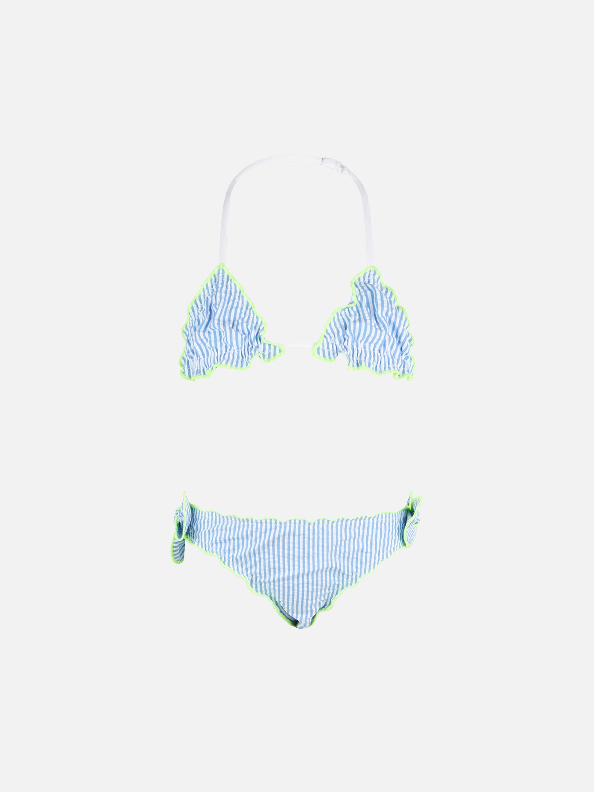 Girl Triangle Seersucker Bikini With Stripes Blue