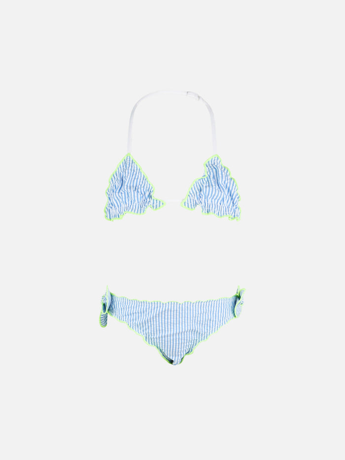 Girl Triangle Seersucker Bikini With Stripes Blue