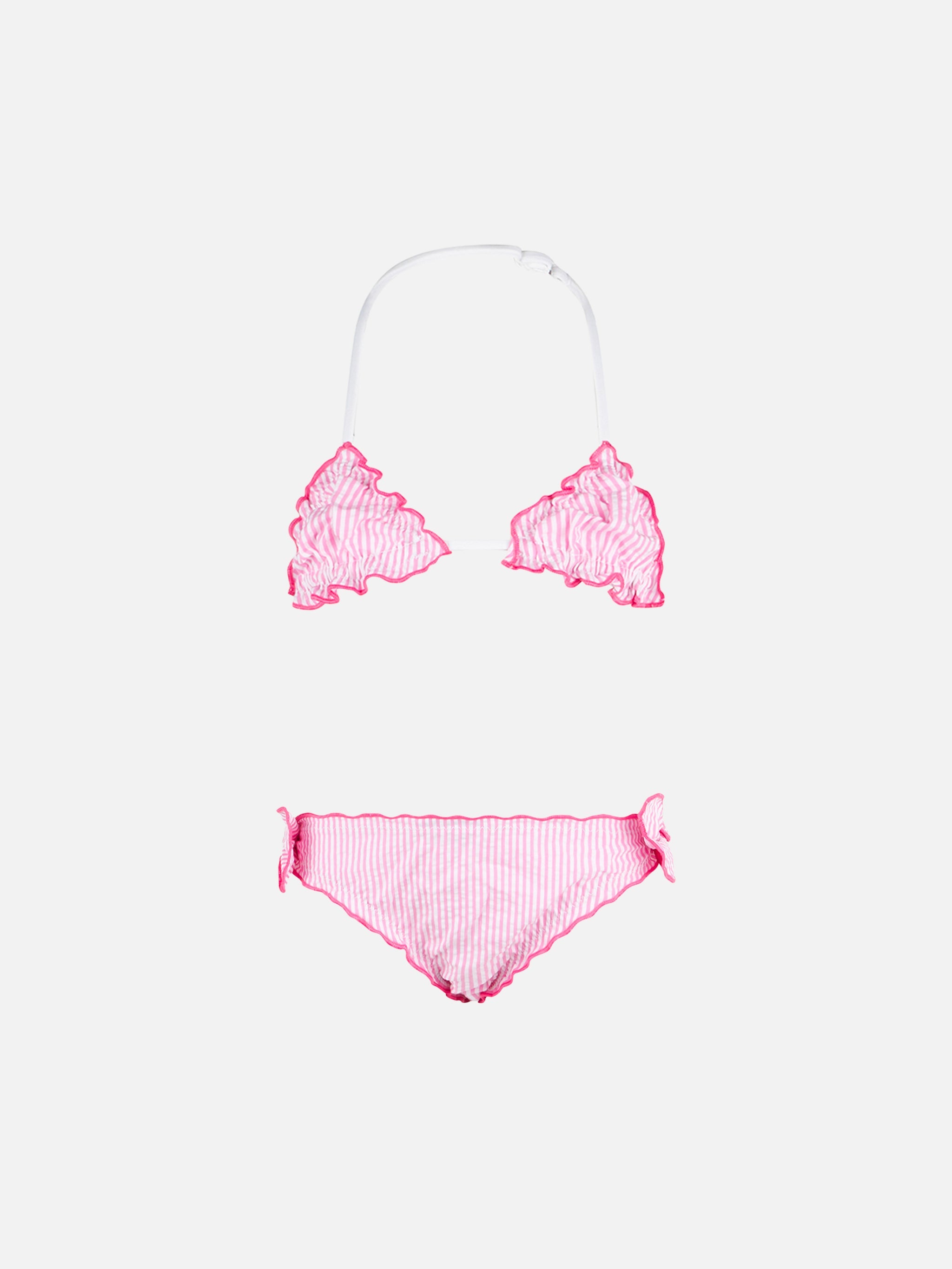 Girl Triangle Seersucker Bikini With Stripes Pink