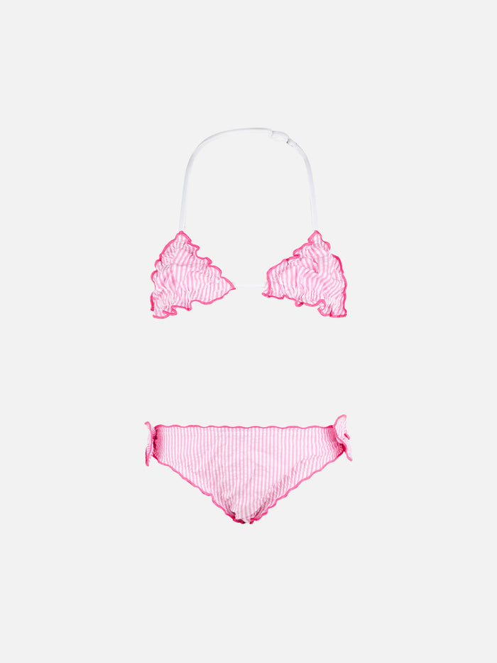 Girl Triangle Seersucker Bikini With Stripes Pink