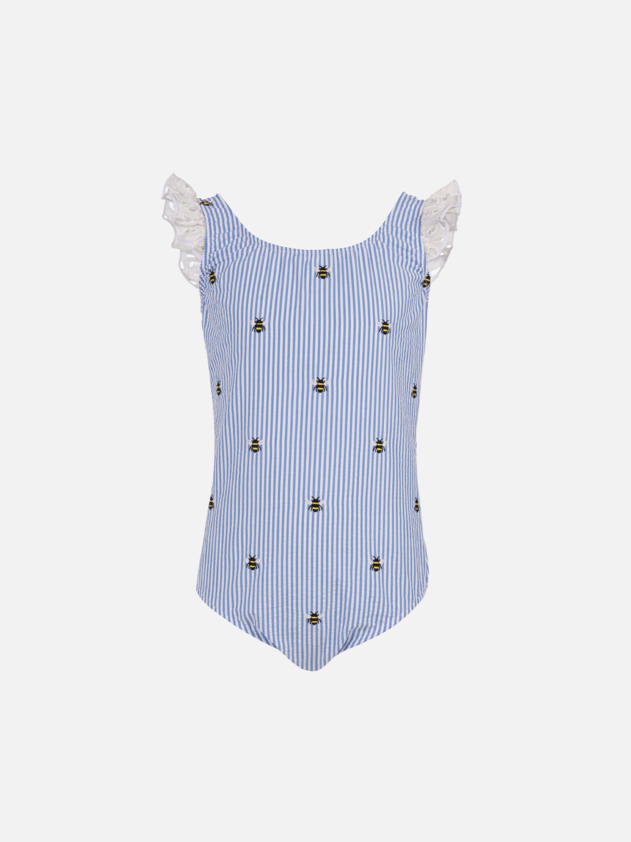 Girl Seersucker Cotton One Piece Swimsuit Tilda With Ruffled Straps Bluette