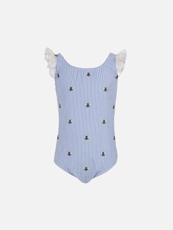 Girl Seersucker Cotton One Piece Swimsuit Tilda With Ruffled Straps Bluette