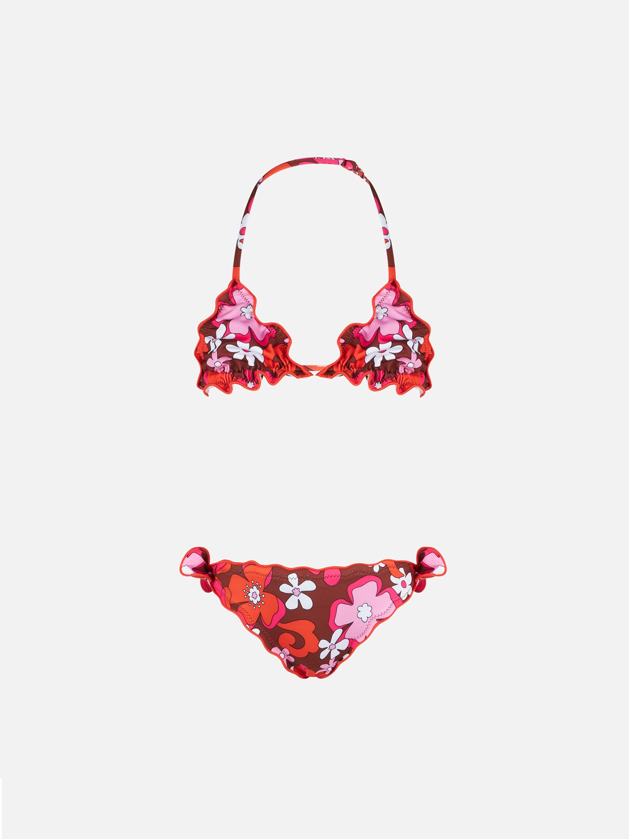 Girl Triangle Bikini With Flowers Print Brown