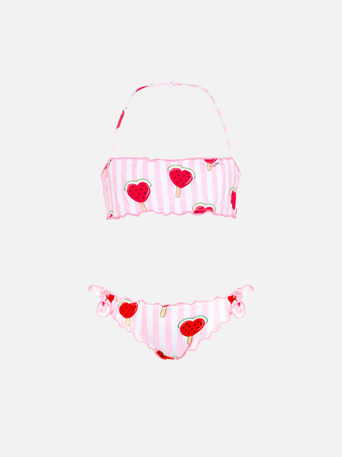 Girl Classic Bandeau Bikini Emy With Hearted Watermelon Print Pink