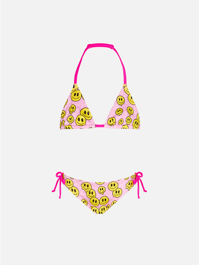 Girl Triangle Bikini With Smile Print Pink