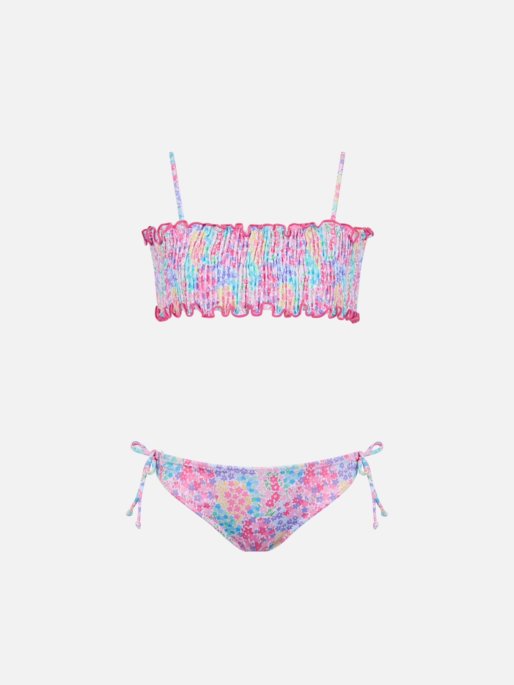Girl Smocked Point Embroidery Bikini Tilly With Flower Print Pink