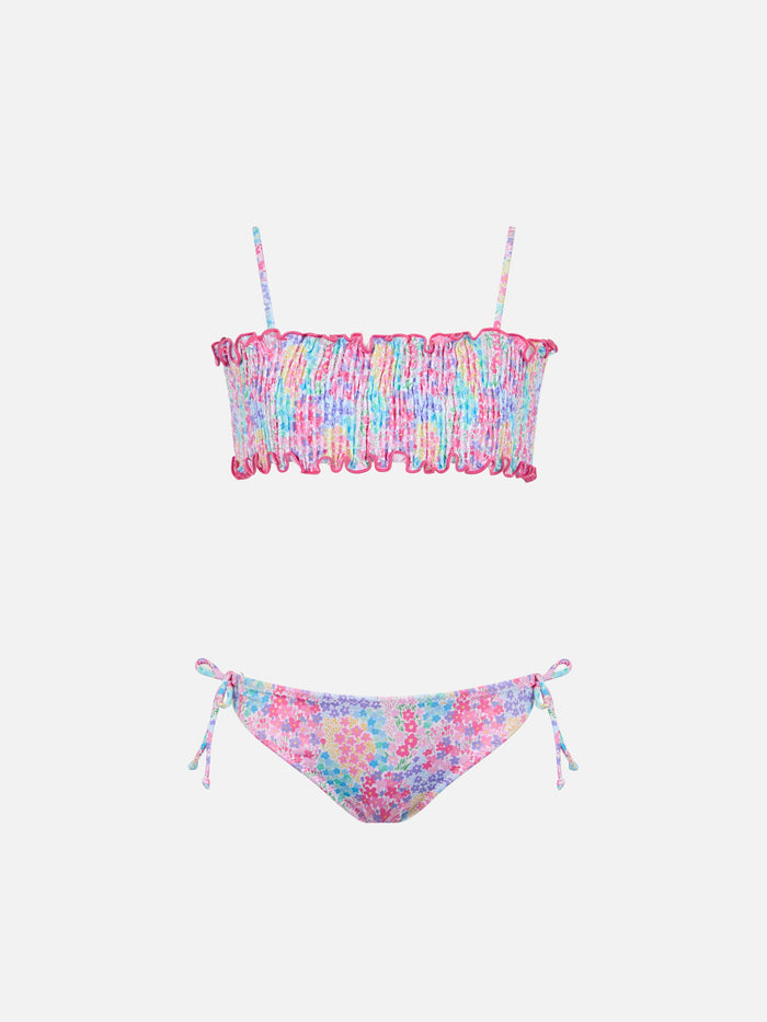 Girl Smocked Point Embroidery Bikini Tilly With Flower Print Pink