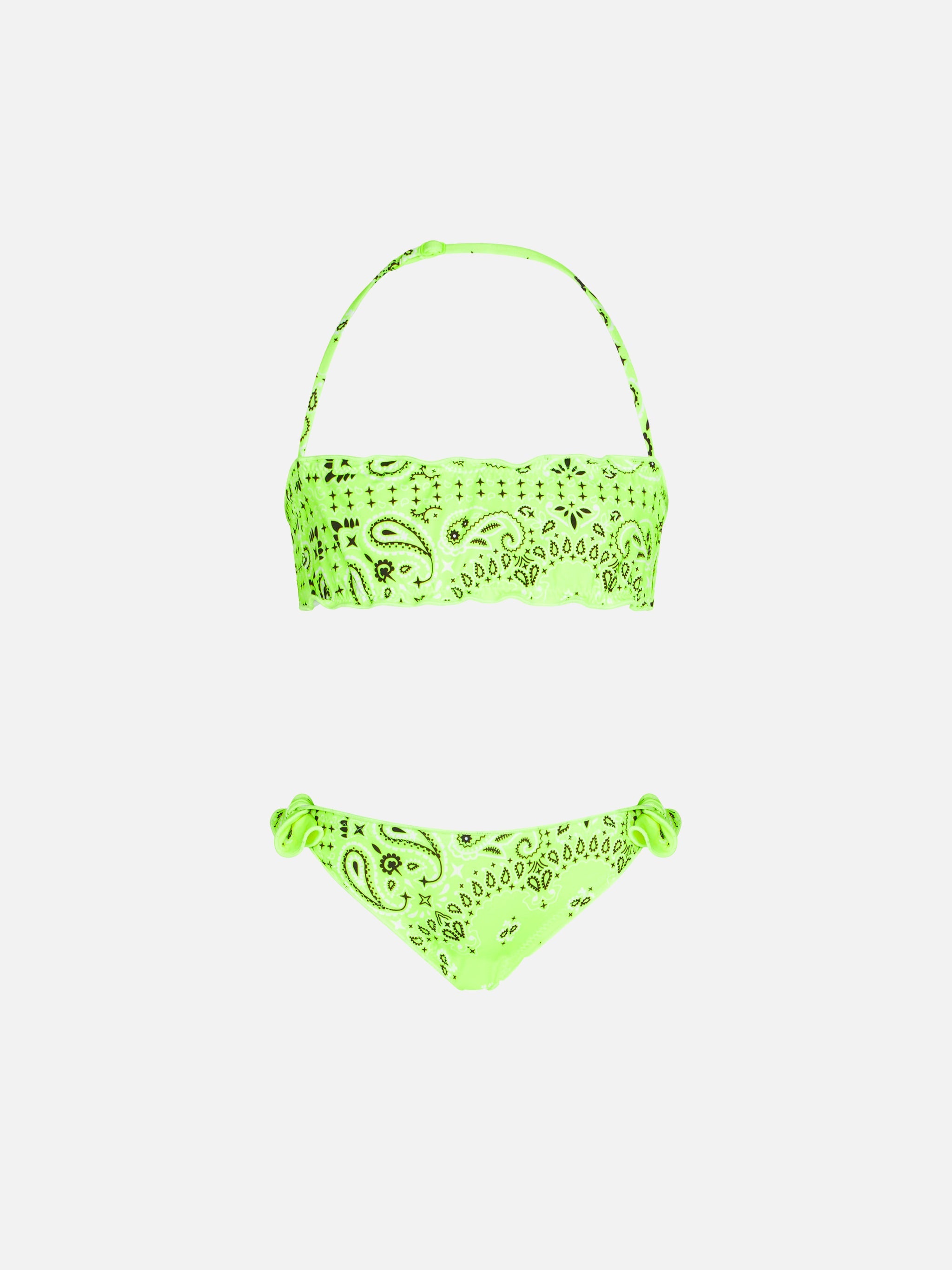 Girl Bandeau Bikini With Fluo Yellow Bandanna Print